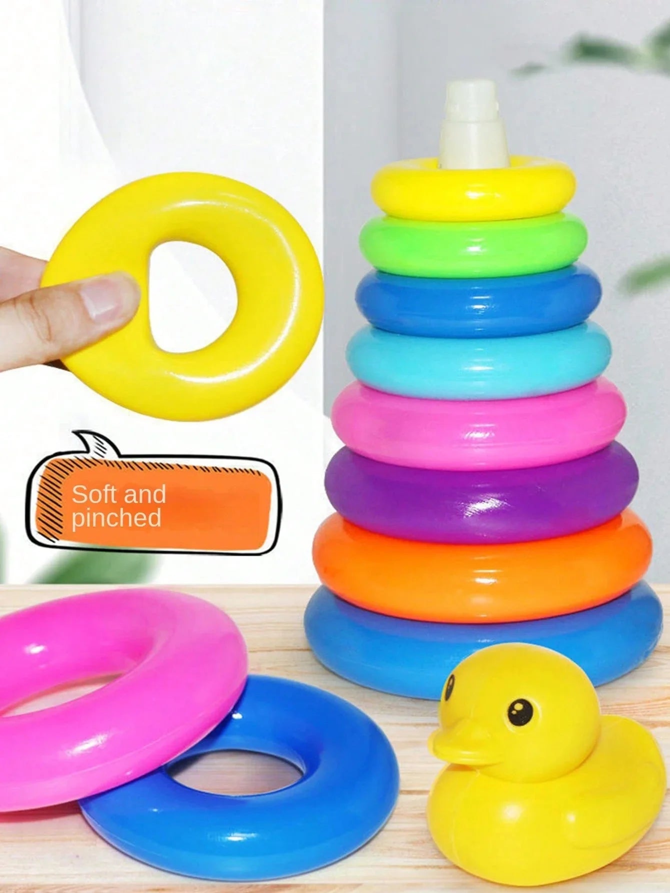 Yellow duck Rainbow Tower Stacked Circle toy plastic rainbow Circle toy  Circle toss toy Interactive game Birthday gifts