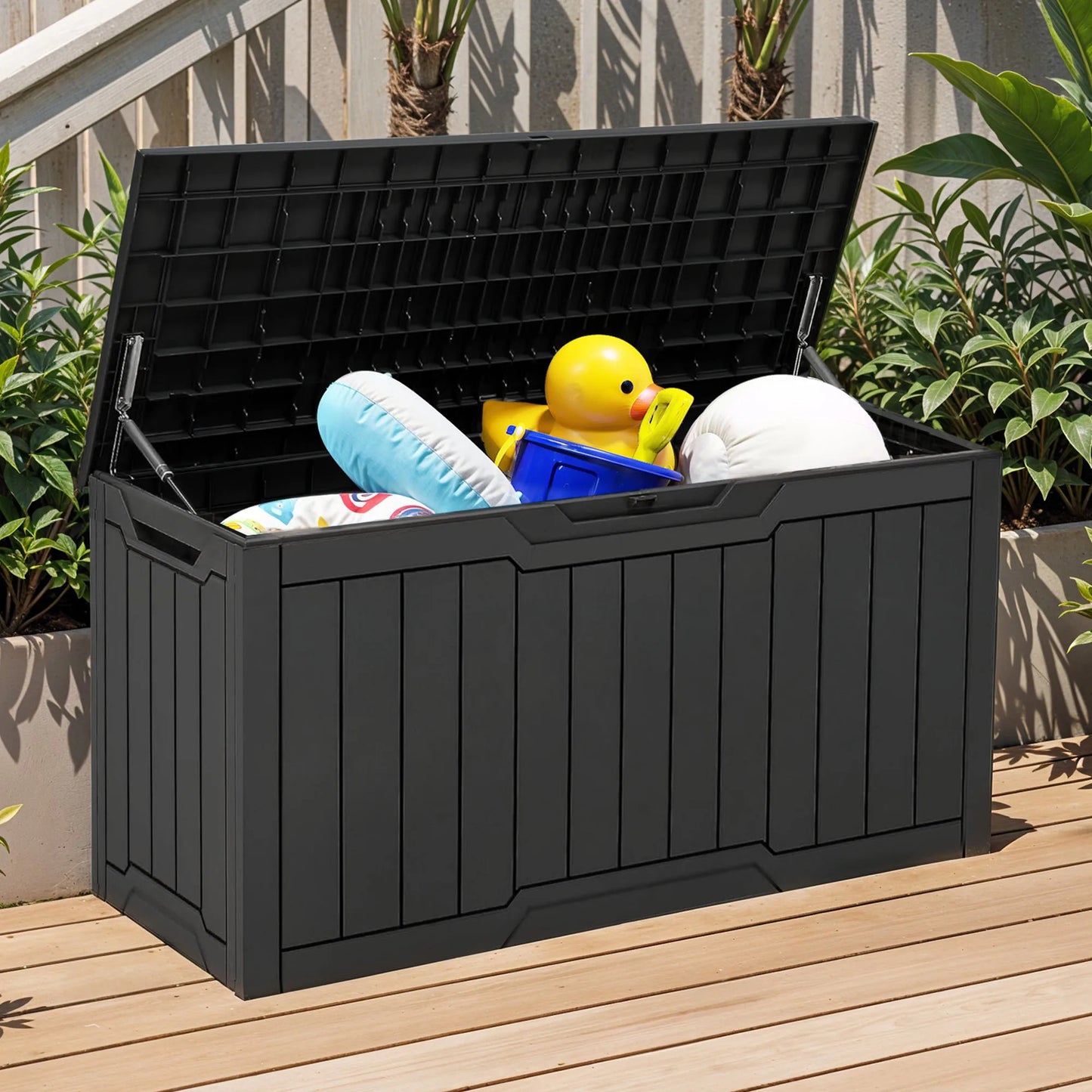 300L Resin Outdoor Storage Box, Waterproof Lockable Deck Box with Handles, All-Weather Patio Organizer for Cushions & Gear