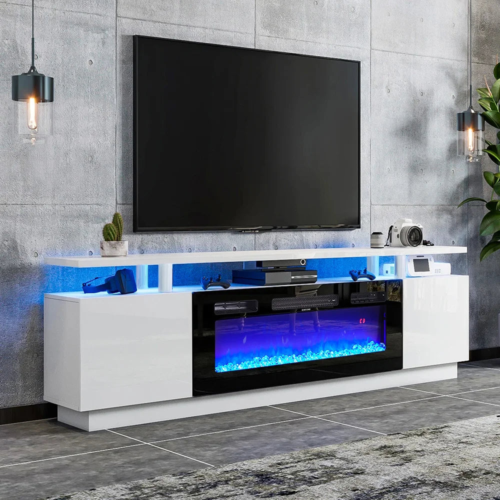 Electric Fire Insert TV Stand, 180cm Media Console Storage Table & 92cm Electric Fireplace with Remote Control, 12 LED Backlight