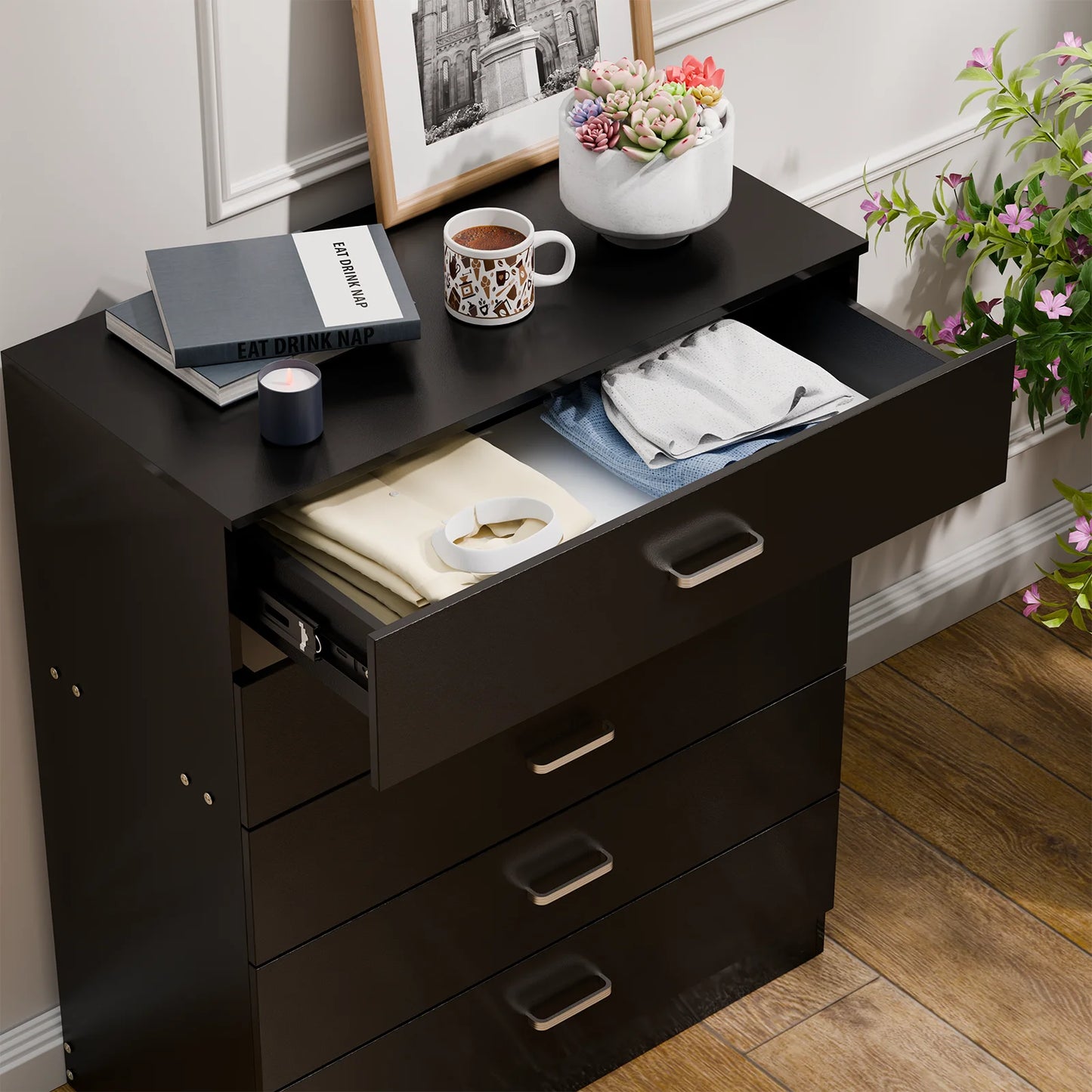 5 Drawer Chest White, Wood Storage Cabinet Dresser for Bedroom, Hallway, Closet Organizer, Modern Furniture (75x36x90cm)