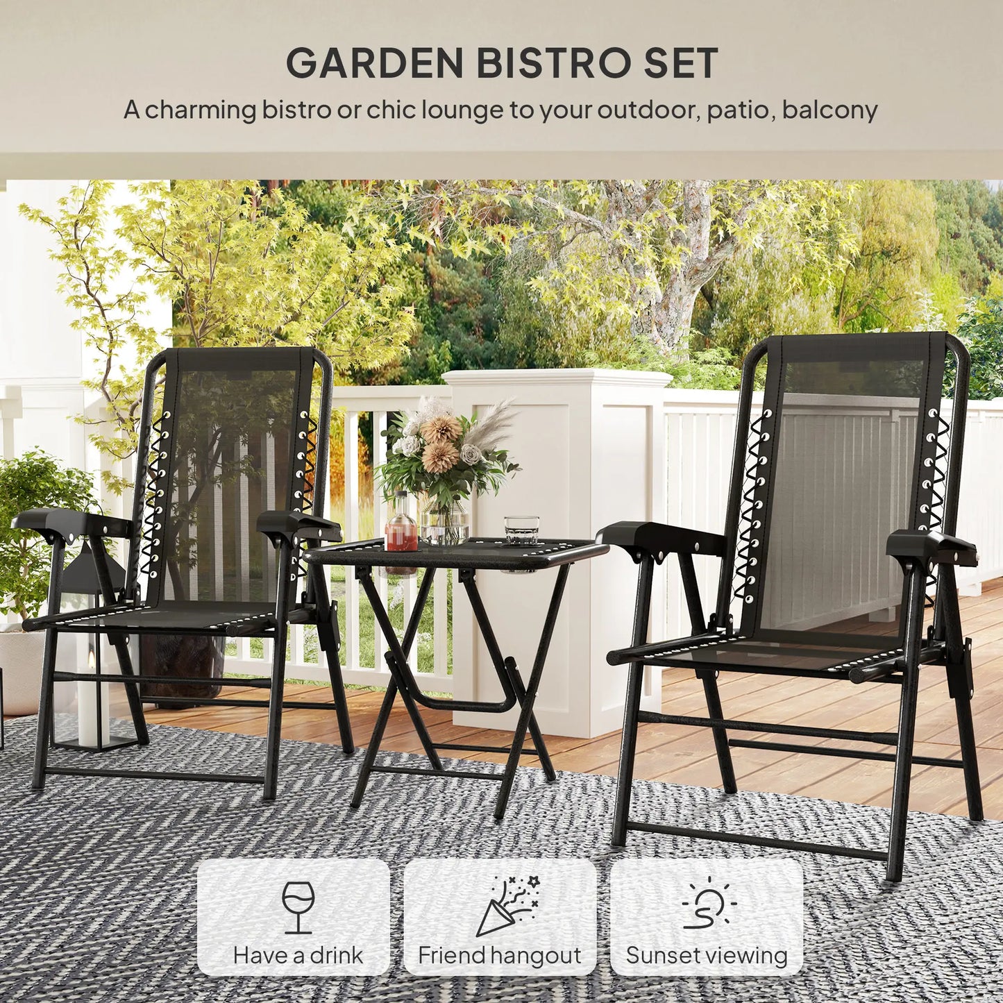 Outsunny 3 Pieces Garden Bistro Set, Folding Table and Chairs Set, Metal Garden Furniture Set with Cup Holders