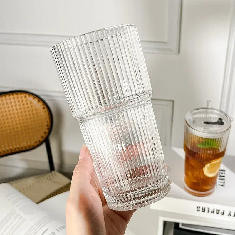 600ML Stripe Glass Coffee Cup with Lid and Straw Transparent Drinking Glasses for Juice Milk Tea Cups Iced Coffee Mugs Drinkware