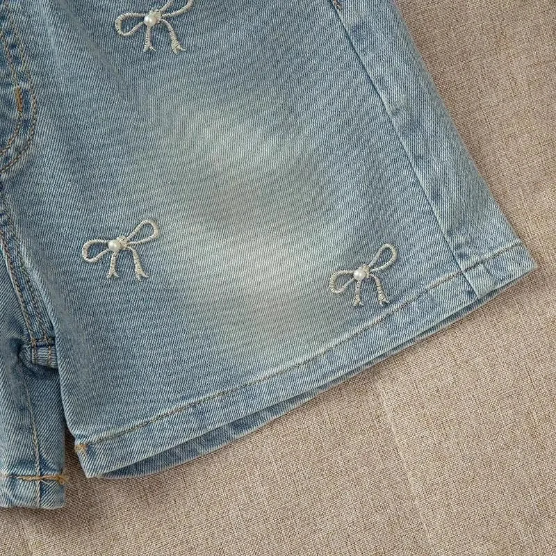 New Summer Girls Shorts Jeans Fashion Embroidery Bow Short Denim Pants For 2-12 Years Kids Clothes Children Cotton Trousers