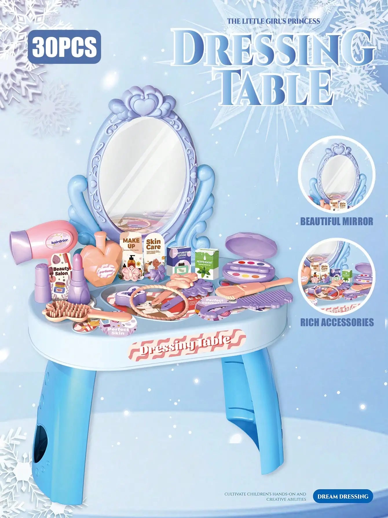 Kids Princess Vanity Dressing Table Toy Set with Mirror&30Pcs Makeup Accessories, Pretend Hair Dryer Cosmetic Kit,Gift for Girls