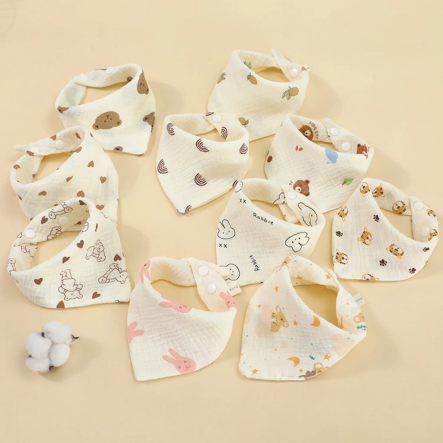 0-2Year Baby Bibs Saliva Scarf 5Pcs Triangle Scarf Cartoon Bear 4-Layer Linen Cotton Newborn Boy Girl Absorbent Cloth Baby Bibs