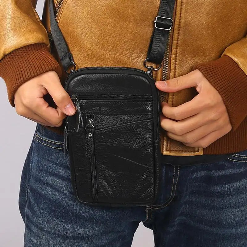 Leather Waist Bag Men's Mobile Phone Bag Wearing Belt Outdoor Sport One Shoulder Small Bag Doing Business Crossbody Bags