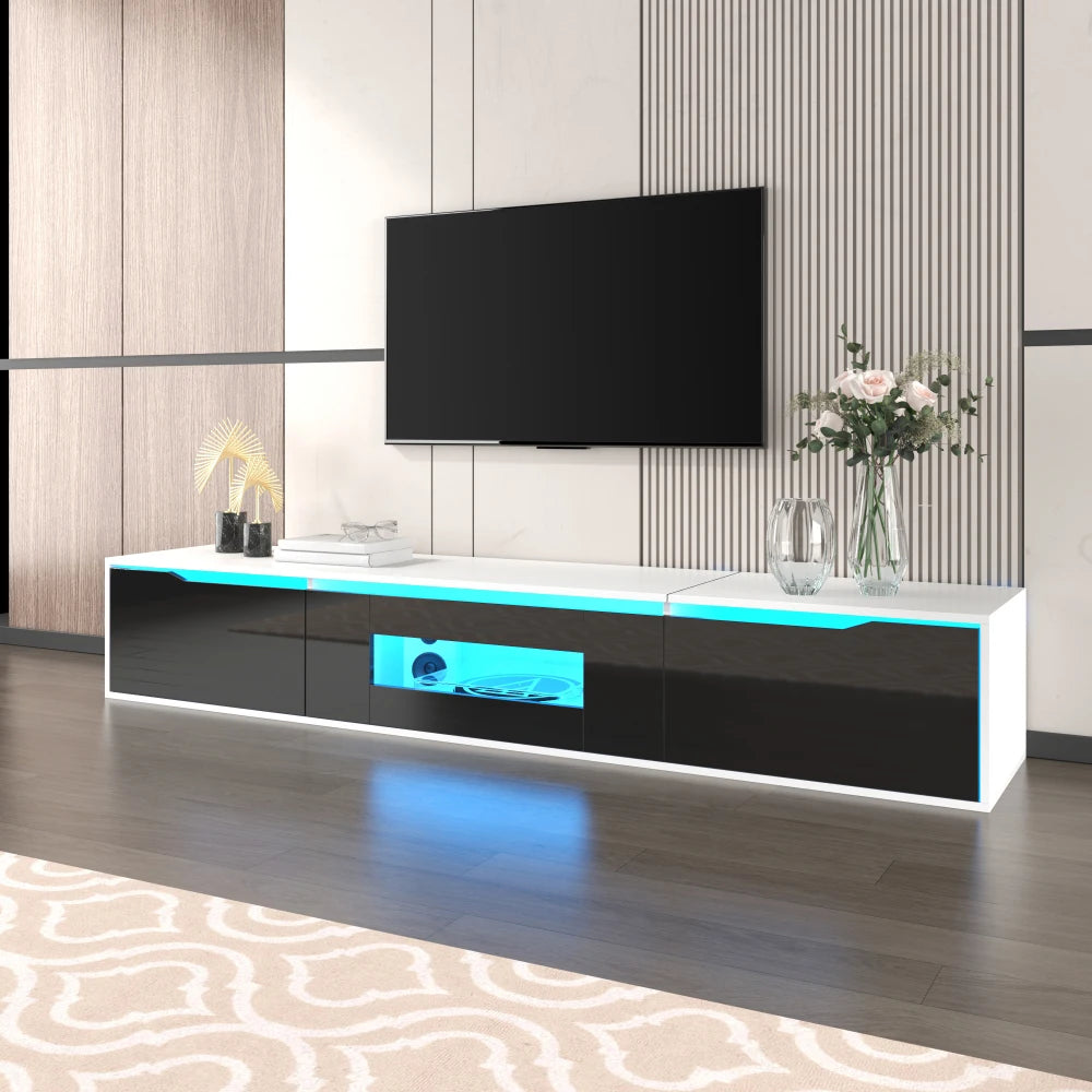 PINGGO TV cabinet, high-gloss TV cabinet, matching colours in white and high-gloss black, with colour-changing LED lights