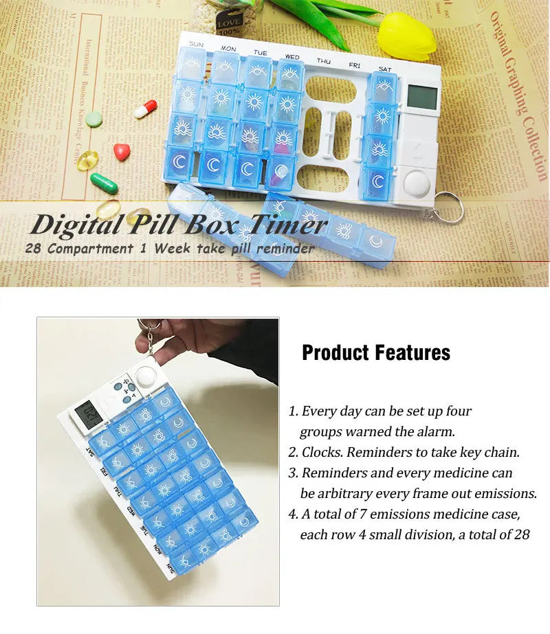 Intelligent Timed Reminder Medicine Box 28 Compartment Weekly Smart Pill Box with Sound Alarm for Elderly Medicine Reminder