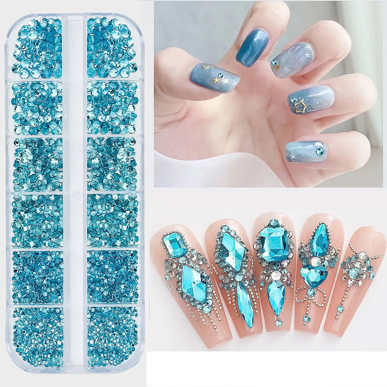2400pcs+ Shiny Clear Crystal Gems Nail Rhinestones 1.5-4mm Mixed Round Glass Stone Flatback Nail Charms 12grids Nail Diamond DIY