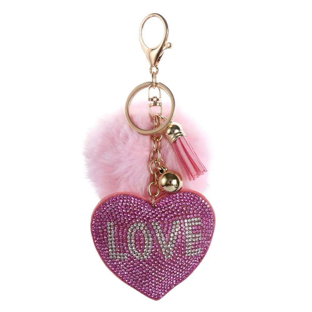 Fashion for Women's Bags Girls Ornaments Packaging Decoration Pompom Keychains Rhinestone Heart Bag Pendant Rhinestone Keyrings