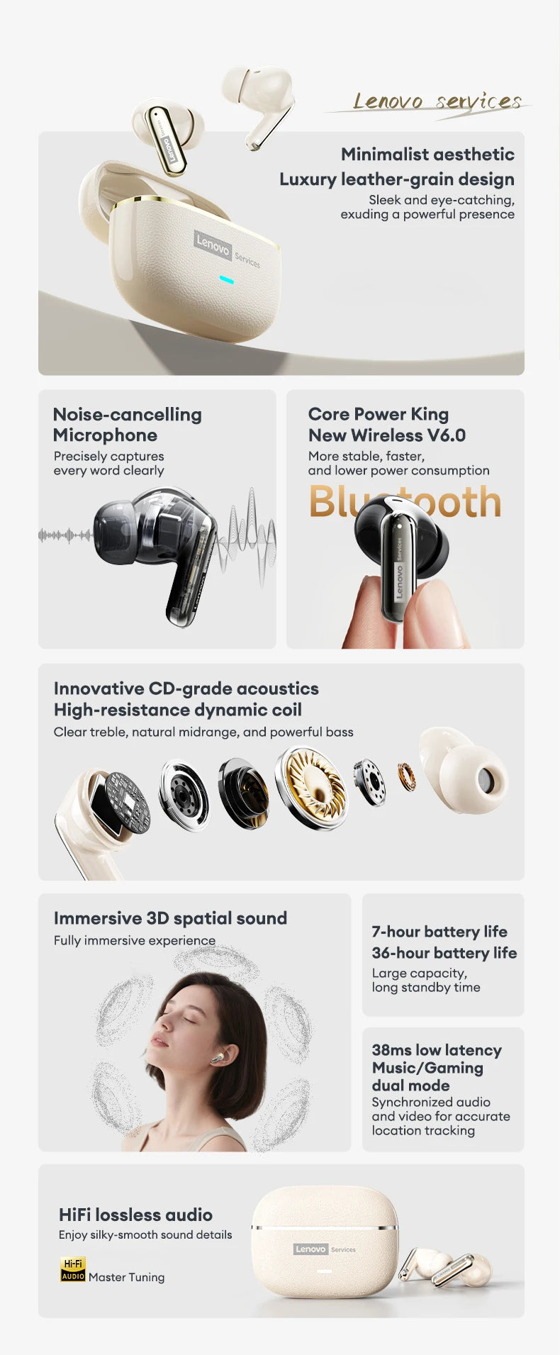 Lenovo LE208 Wireless Earphones ENC Noise Cancellation Mic Bluetooth V6.0 HIFI Headphone HIFI Sound Headphone HD Call With Mic