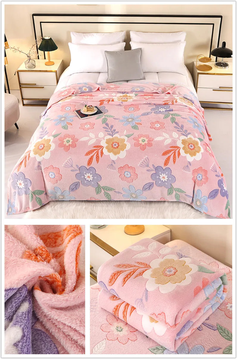 1pc Floral Style Warm Bedspread Fleece Blanket Plaid Travel Shawl Sofa Nap Blankets Home Bedsheet Manta