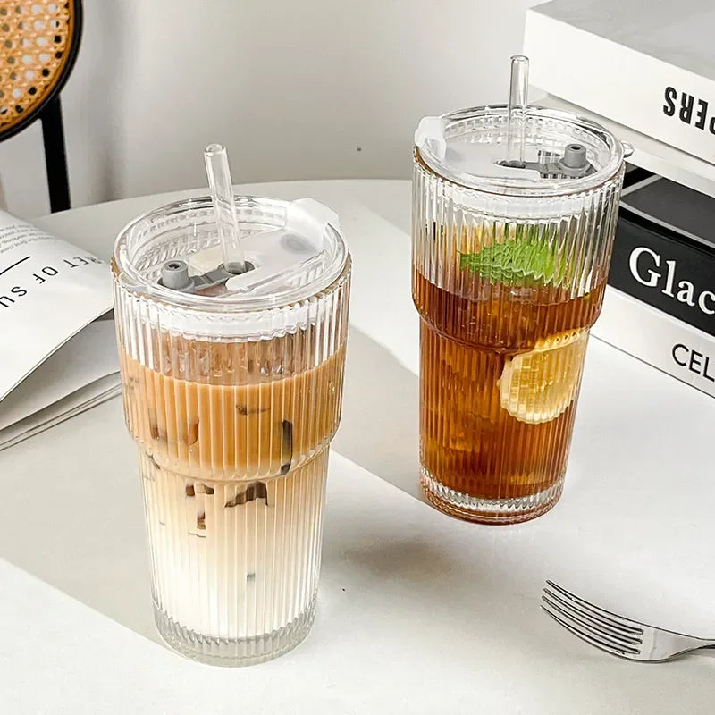 600ML Stripe Glass Coffee Cup with Lid and Straw Transparent Drinking Glasses for Juice Milk Tea Cups Iced Coffee Mugs Drinkware