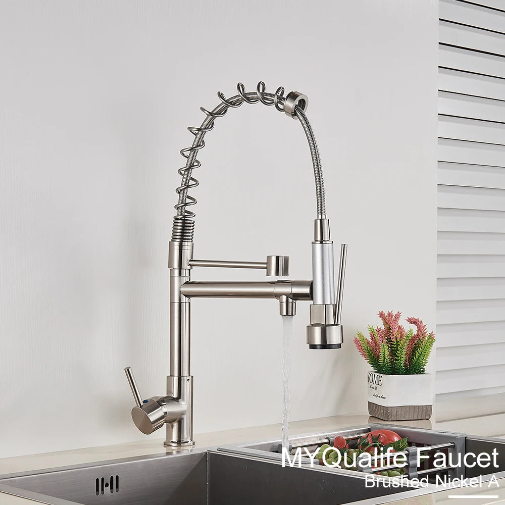 Black Pull Down Brass Kitchen Sink Faucet Hot Cold Water Mixer Crane Tap with Dual Spout 360 Rotation High Faucet Deck Mounted