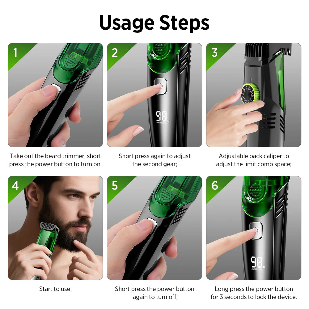 Cordless Men Beard Trimmer Rechargeable Electric Shaver with 20 Trim Built-in Vacuum Clipper for Mustache Sideburns Grooming Kit