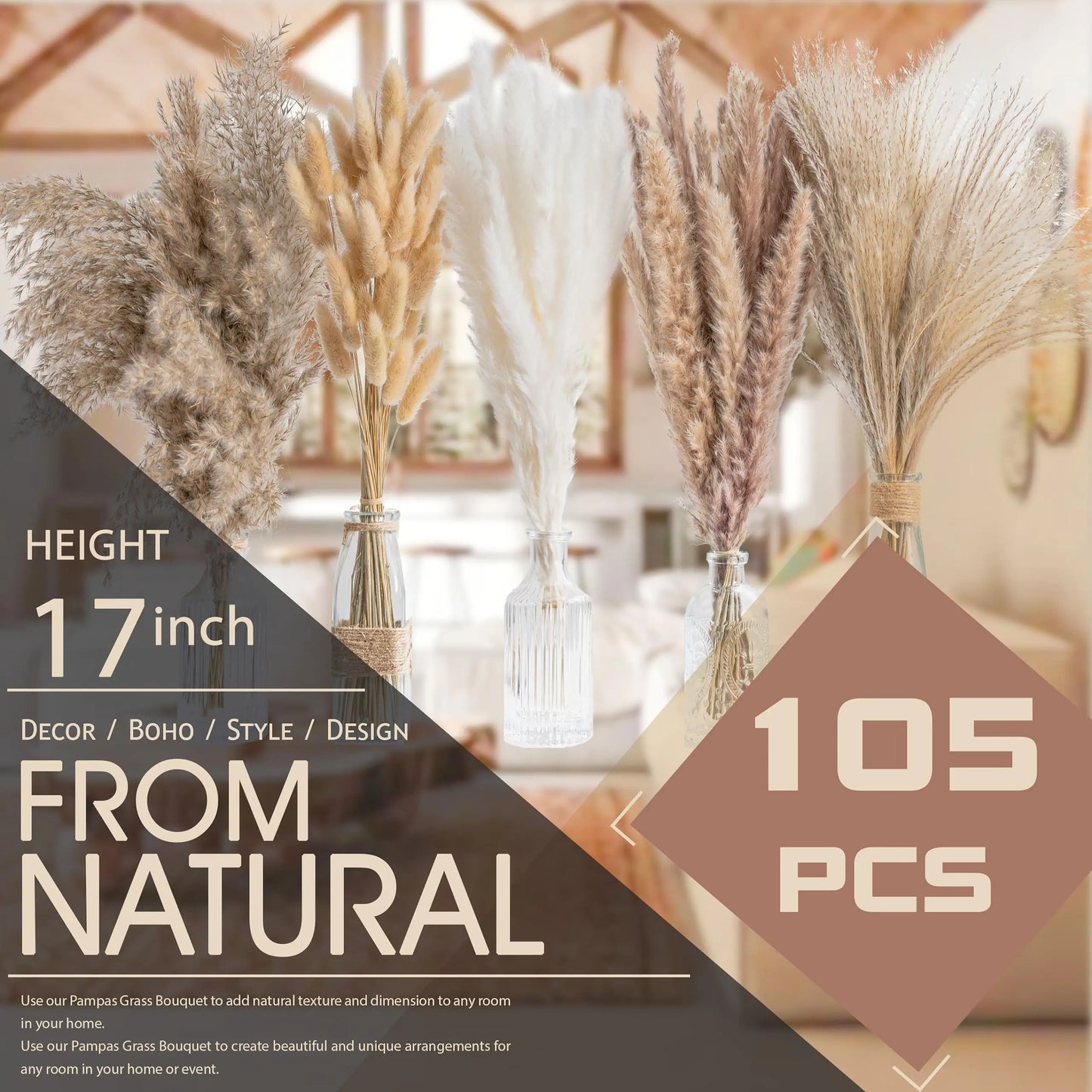 120pcs Fluffy Pampas Bunny Tail Grass Dried Artificial Flowers  Bouquet for Bathroom Wall Office Boho Home Wedding Decorations