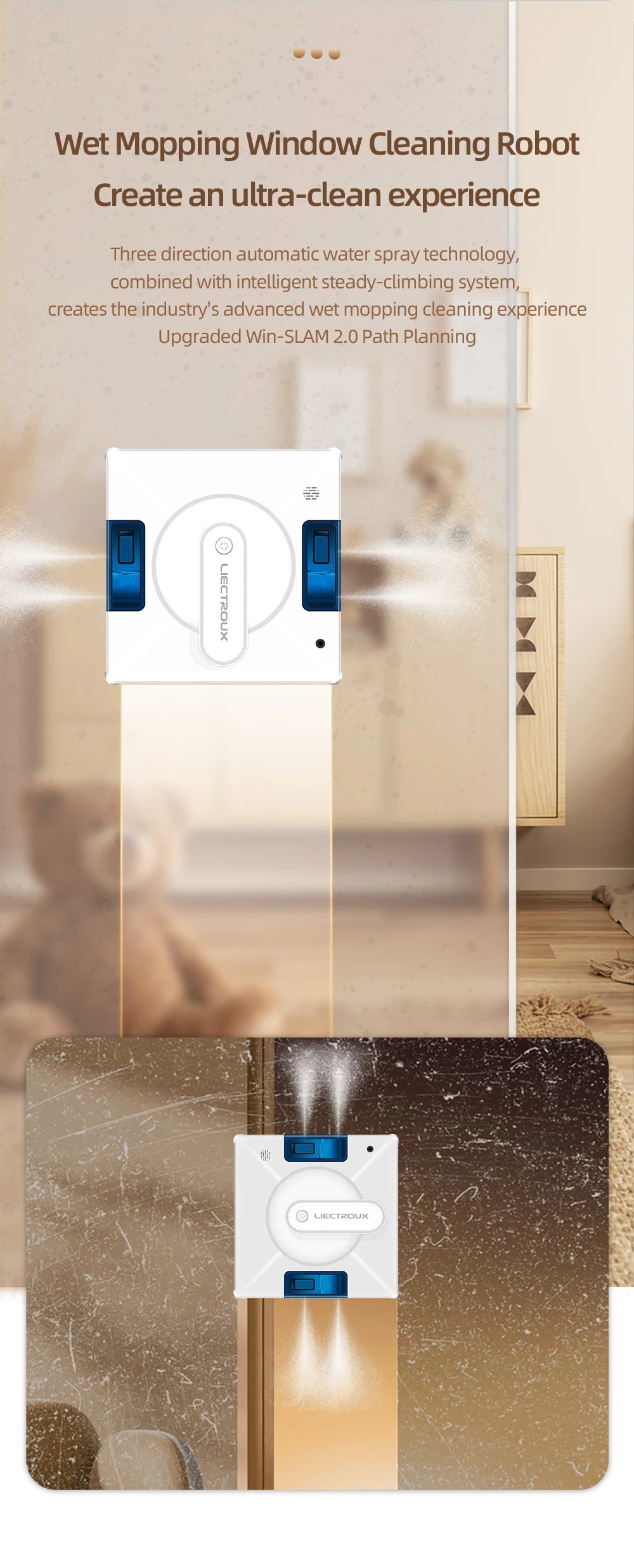 Robot Window Cleaner Liectroux YW509, 4-Way Water Spray,Home Glass Floor Window Robot Vacuum Cleaner,Strong Vacuum,Smart Memory
