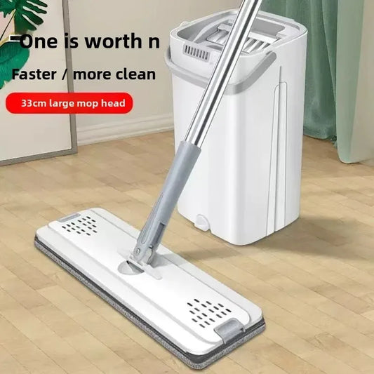 Hands-Free Squeeze Flat Mop and Bucket Set 33cm Large Self-Wringing Floor Cleaning Tool Dry Wet 360 Spin with 4 Pads Home