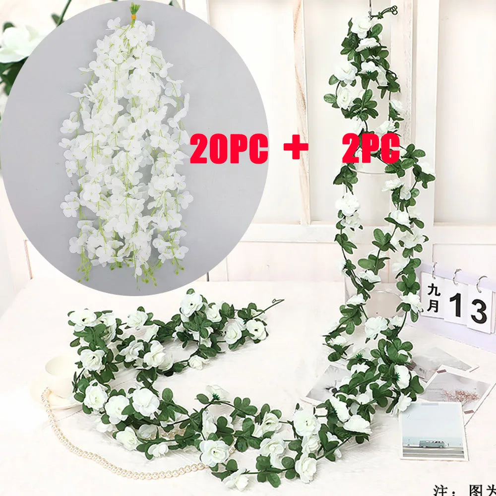 22PC White Rose Vine Wall Hangings and Easy-to-hang White Orchid Flowers Sets Suitable for Various Settings for Homes Wedding