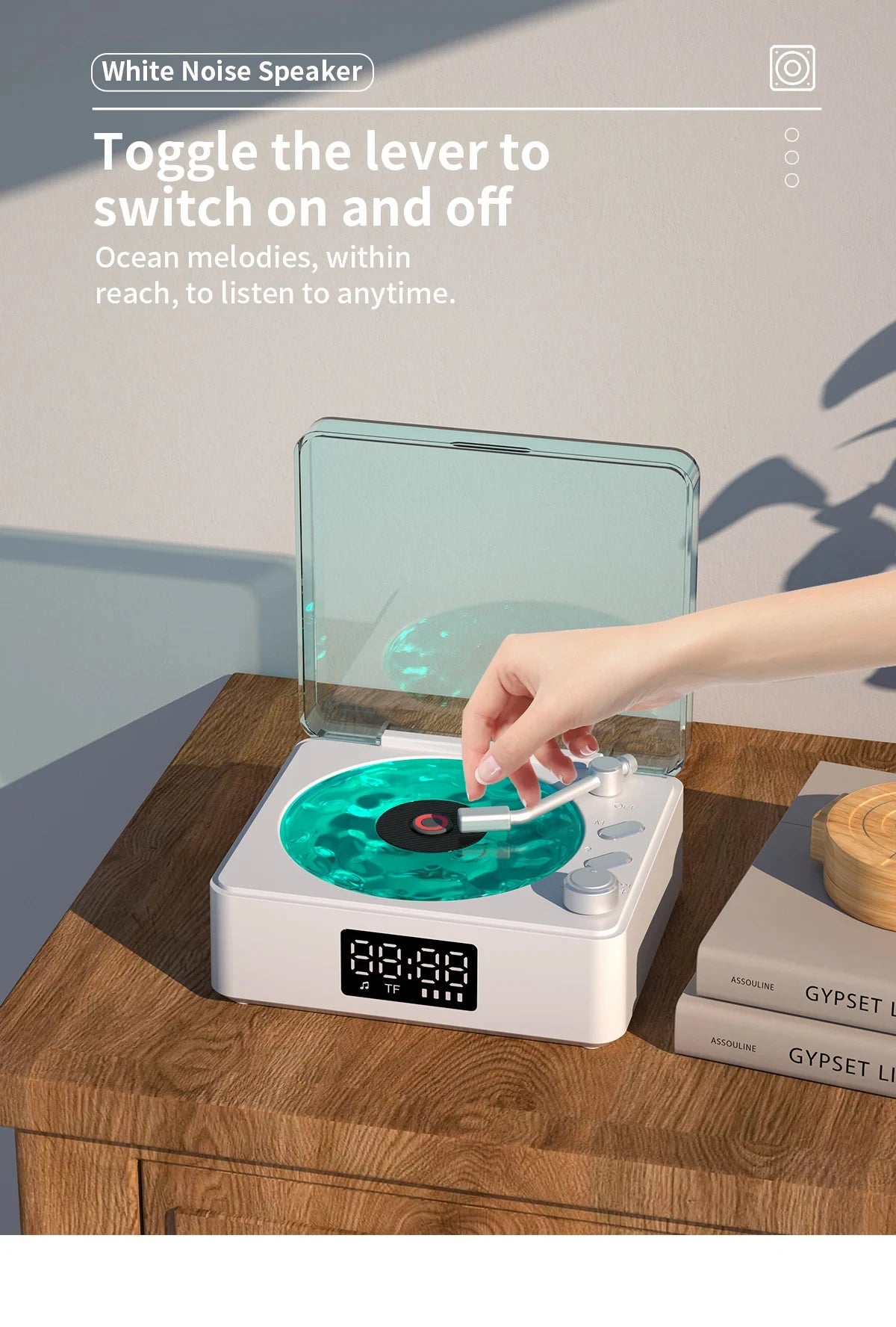 Waves Vinyl Player Bluetooth Speaker with White Noise Retro Turntable Speaker Sleep Aid Vitrola Shaped Speaker with RGB Light