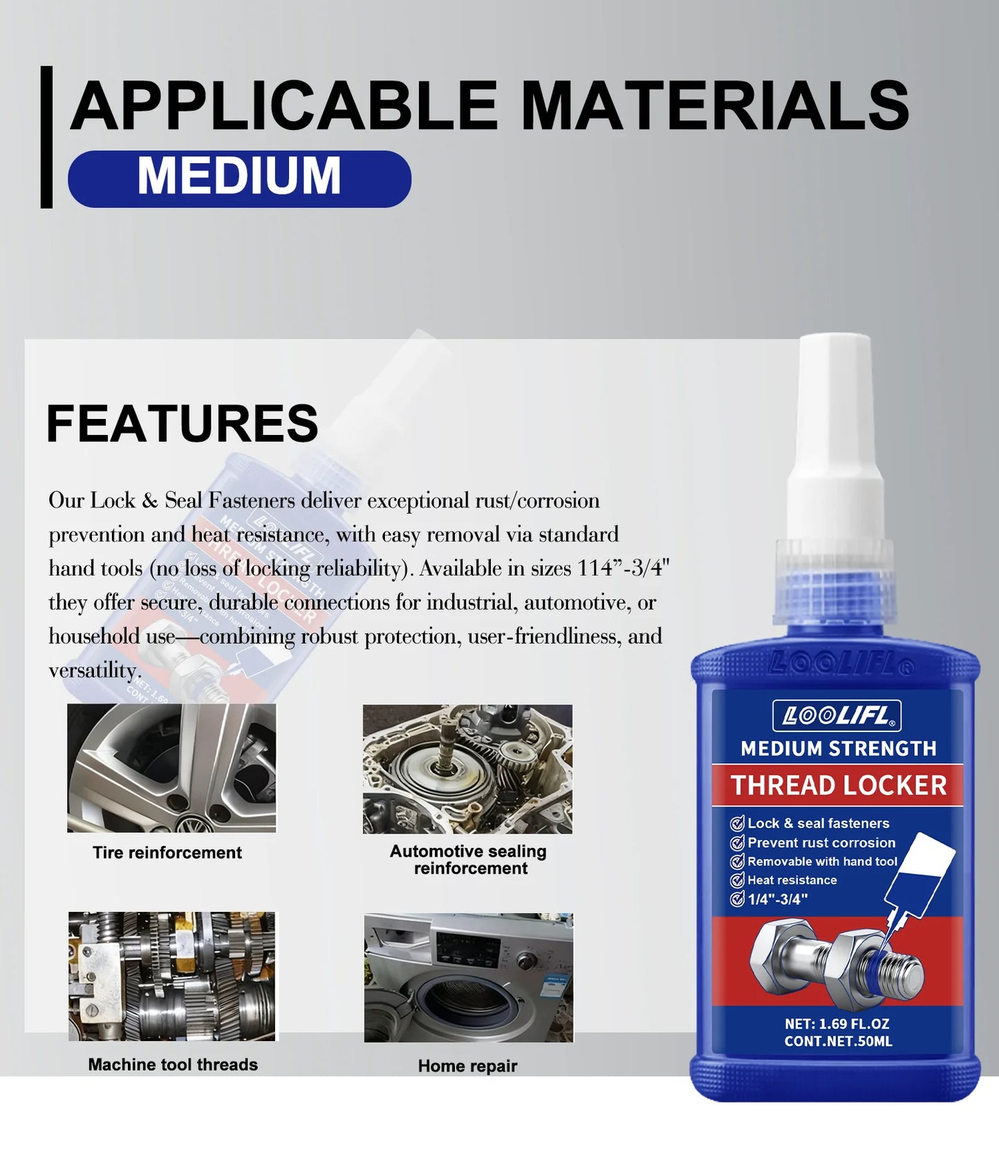 LOOLIFL Blue Thread Locker 243 Nuts-Bolts Locker, Screw Adhesive Lock Tight Seal Fasteners Anaerobic Curing Metal Glue,Rustproof