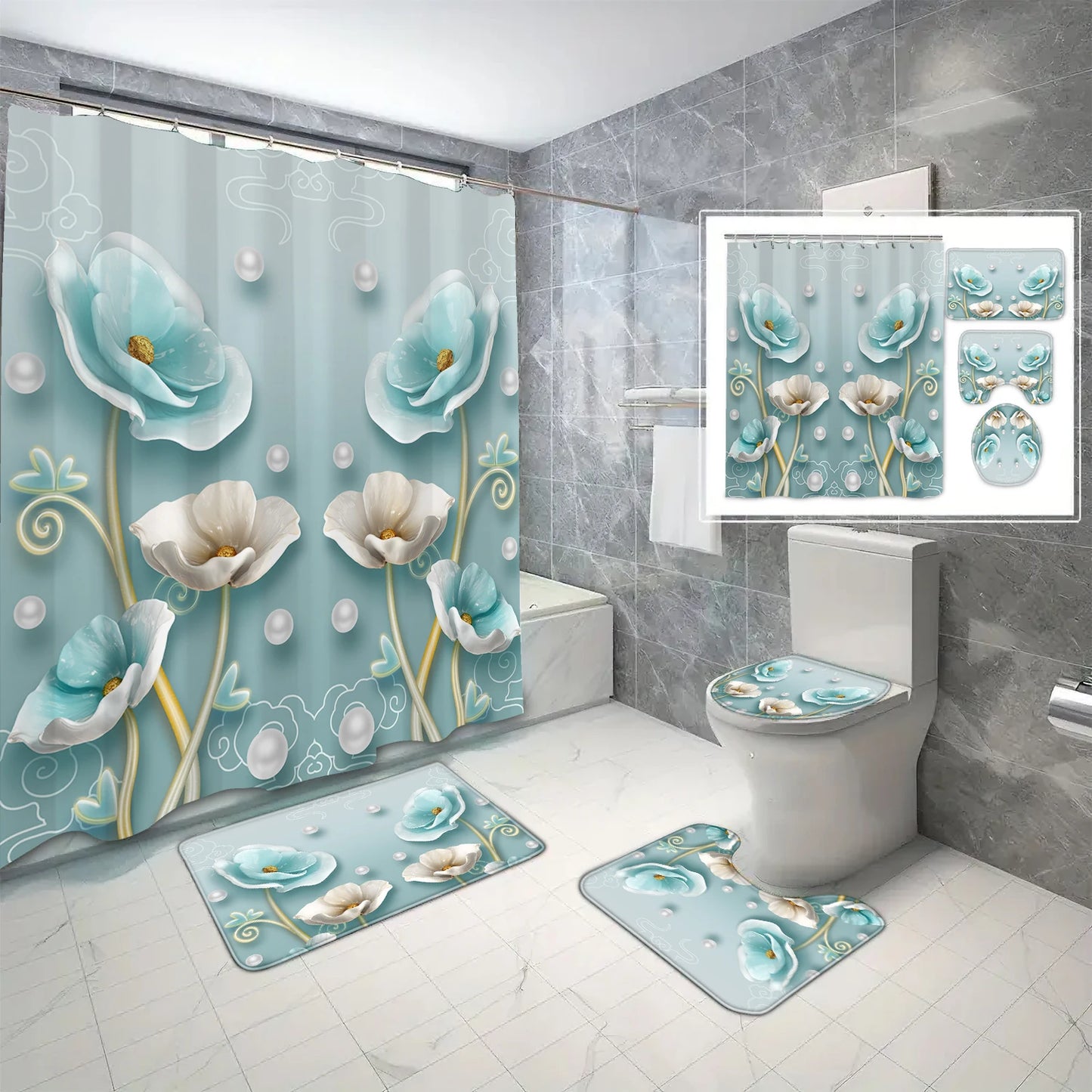 4-piece set of blue white jade orchid waterproof printed shower curtains with 12 hooks, bathroom floor mats