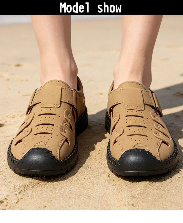 Men's Summer Hollow out Comfortable Breathable Slip-On Leather Shoes Anti-Slip Soft Bottom Outdoor Casual Loafers-1375