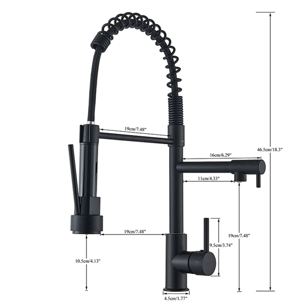 Black Pull Down Brass Kitchen Sink Faucet Hot Cold Water Mixer Crane Tap with Dual Spout 360 Rotation High Faucet Deck Mounted
