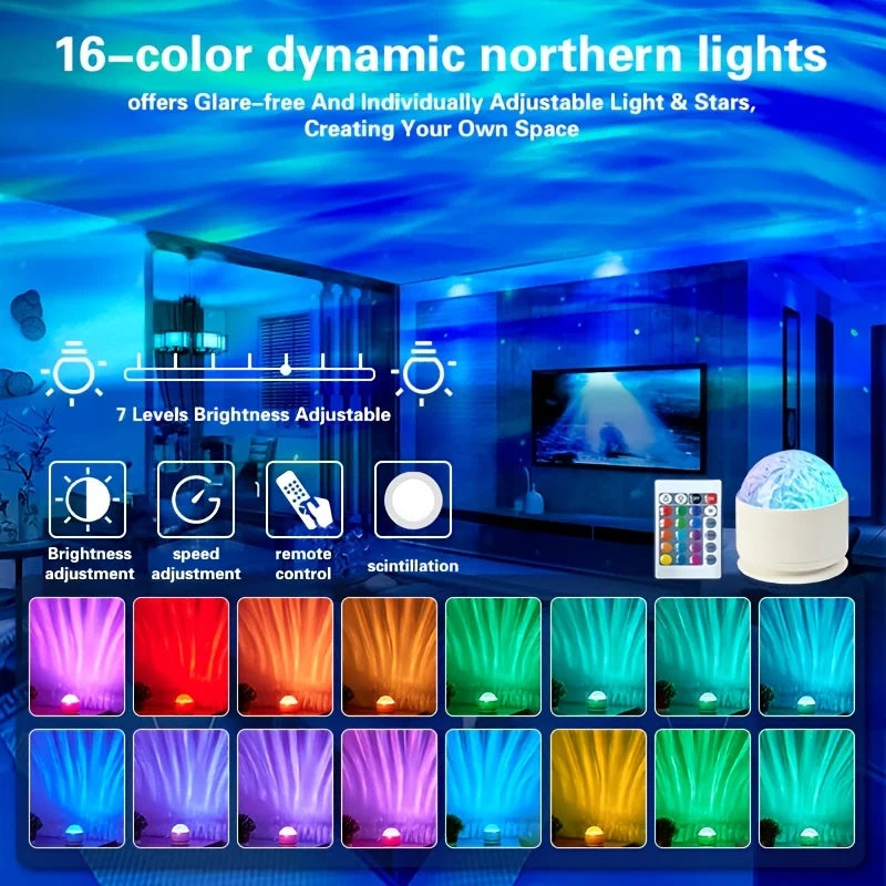 LED Aurora/Water Ripple Projector Light Starry Sky Galaxy Night Light Remote 16 Colors Auto Rotate Ambient Light for Home Room