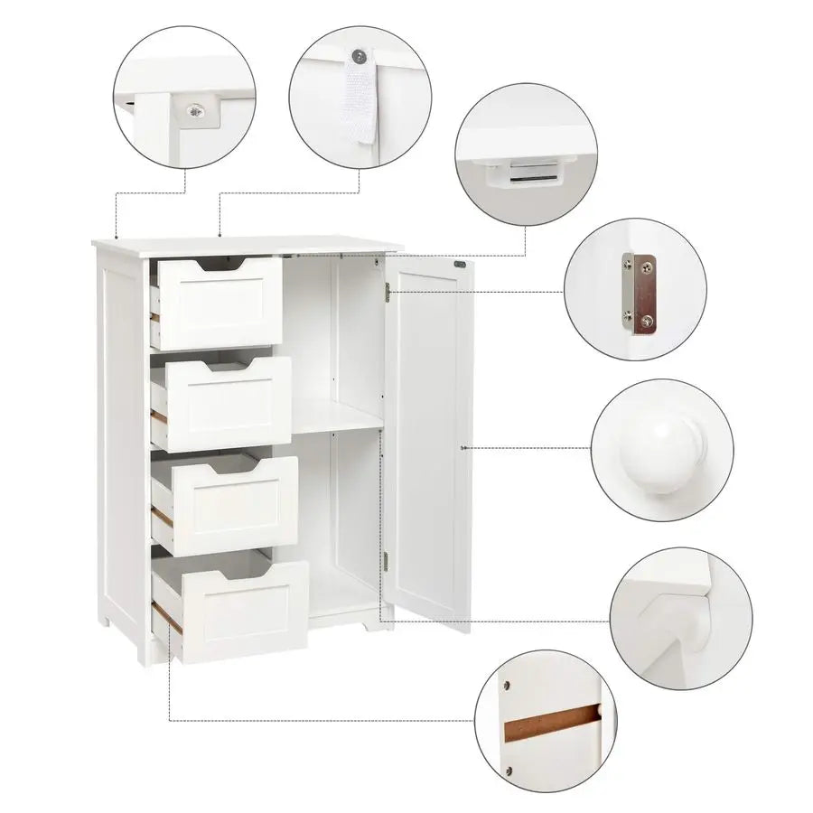 Bathroom Storage Cabinet with 4 Drawers 1 Door Adjustable Partition Wooden Modern Style for Bathroom, 56 x 30 x 82.5 cm L x W x
