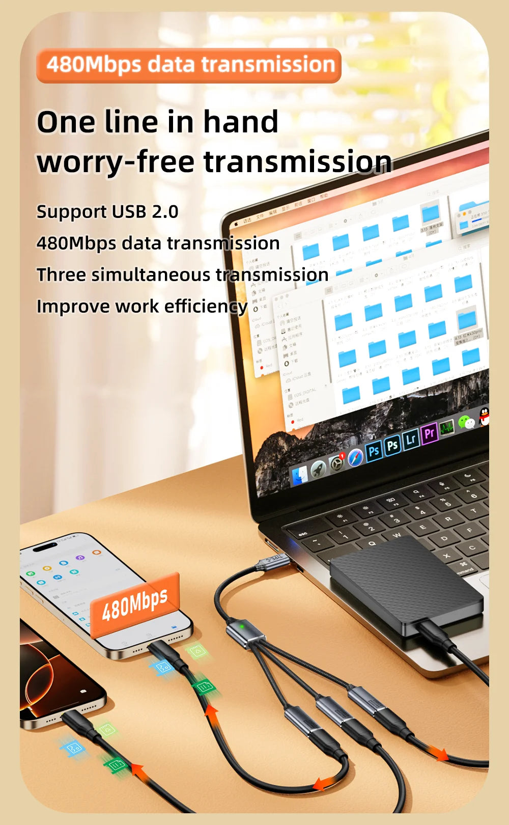 3 in 1 USB A & Type C Splitter HUB Expansion Cable Multi Port Expander OTG Adapter Fast Charging Data Sync for Phone Tablet