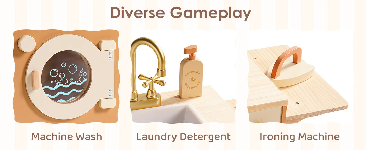 Robotime Wooden Play Kitchen Kids Kitchen Playset Washing Machine Dishwasher Toddler Kitchen Playset Gift for Boys Girls Caramel