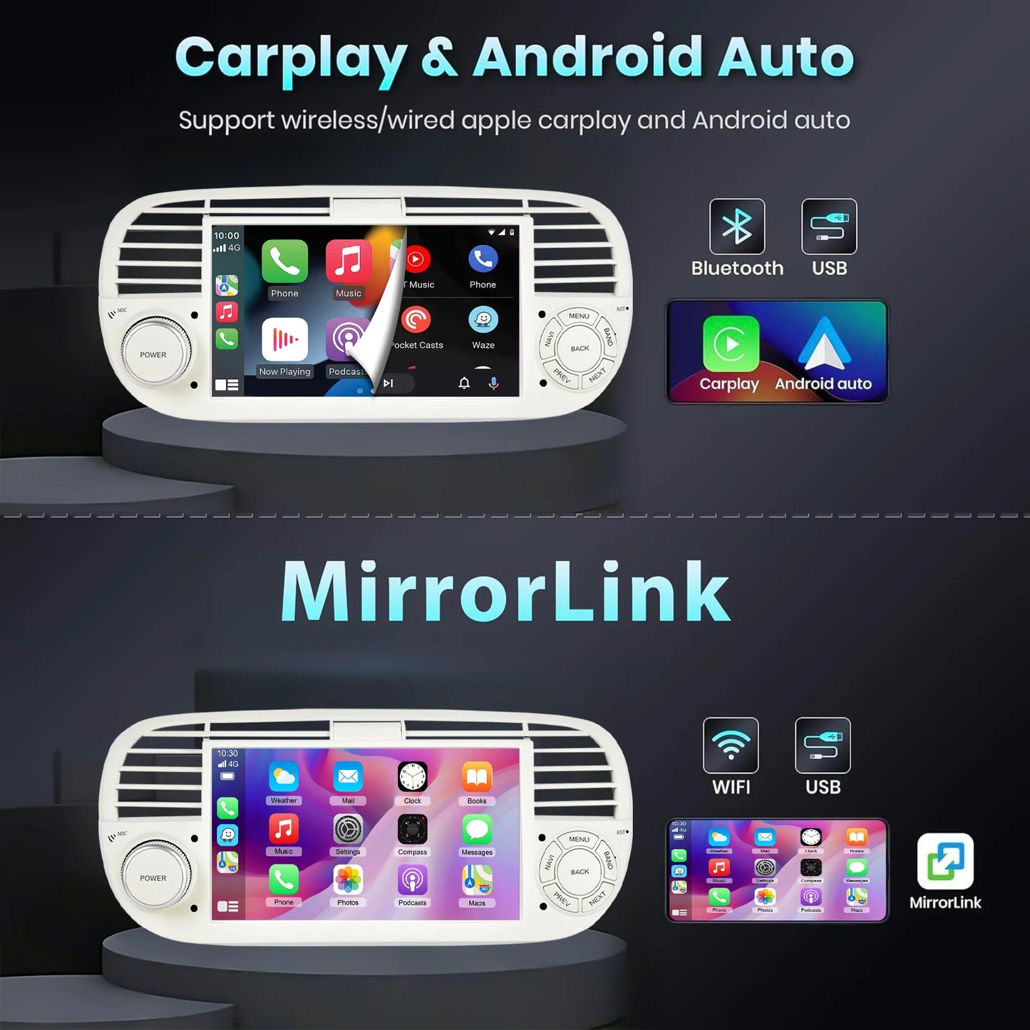 ESSGOO 7" 4+64G Android 15 For Fiat 500 2007-2015 Car Stereo Radio Wireless Carplay Android Auto GPS Navigation Bluetooth FM SWC Wifi RDS ASP IPS Touchscreen Mirror Link Multimedia Video Player