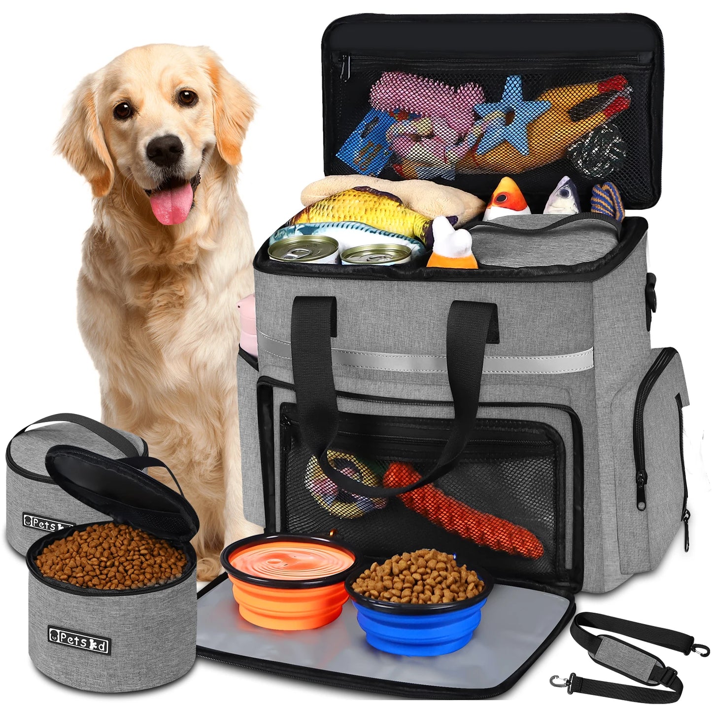 Petskd Outdoor Dog Organizer Bag with Bowl Set Traveling Storage Bag Large Multi-Function Pockets Pet Food Container Backpack
