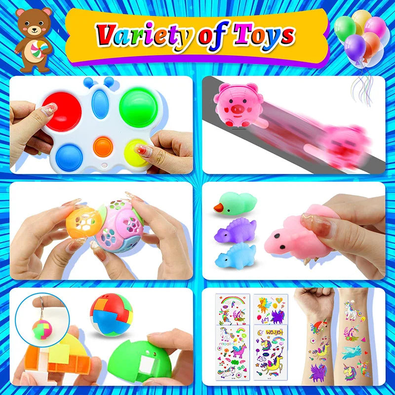 120/206Pcs Kids Birthday Pinata Toys Snap Bracelets Push Bubble Fidget Toys Carnival Prize Pinata Filler Bulk Toys Kids Gifts