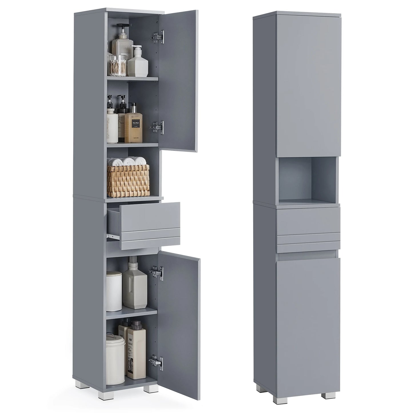 VASAGLE Tall Bathroom Cabinet, Slim Storage Cabinet, Narrow Cupboard, Grey