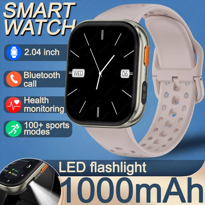 Outdoor New 1000mAh SmartWatch 2.04"HD Screen Smartwatch LED Flashlight 100+sports mode BT Call Waterproof SmartWatches Men Wome