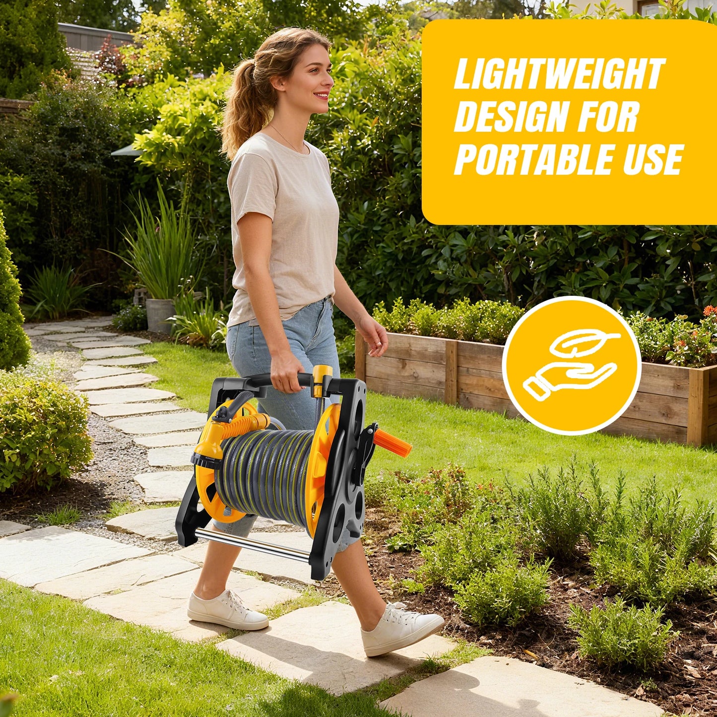 Garden Hose Reel with 15M/25M/30M Water Hose and 7-Function Spray Nozzle, Heavy Duty Portable Hose Reel, Wall Mountable/Portable,Save Space, Multi-Purpose Hosepipe for Watering Garden, Flowers, Cars
