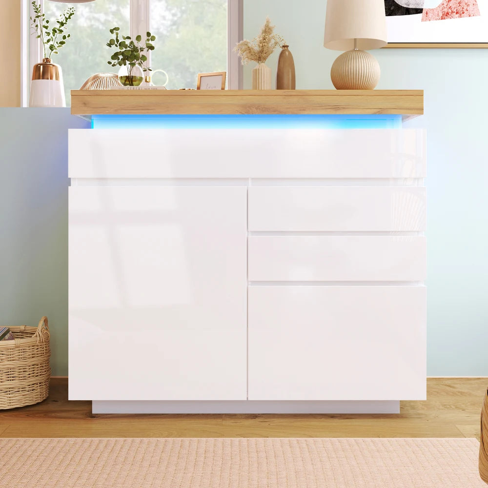 PINGGO Chest of Drawers,High-gloss Sideboard Cabinet with 2 Doors and 3 Drawers,Storage with RGB LED,115 x 110 x 39 cm, White