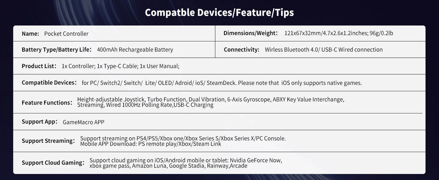 AceGamer Pocket Game Controller Portable Hall Joysticks 1000Hz Bluetooth Gamepad for Switch/Switch2/Android/iOS/PC/Steamdeck