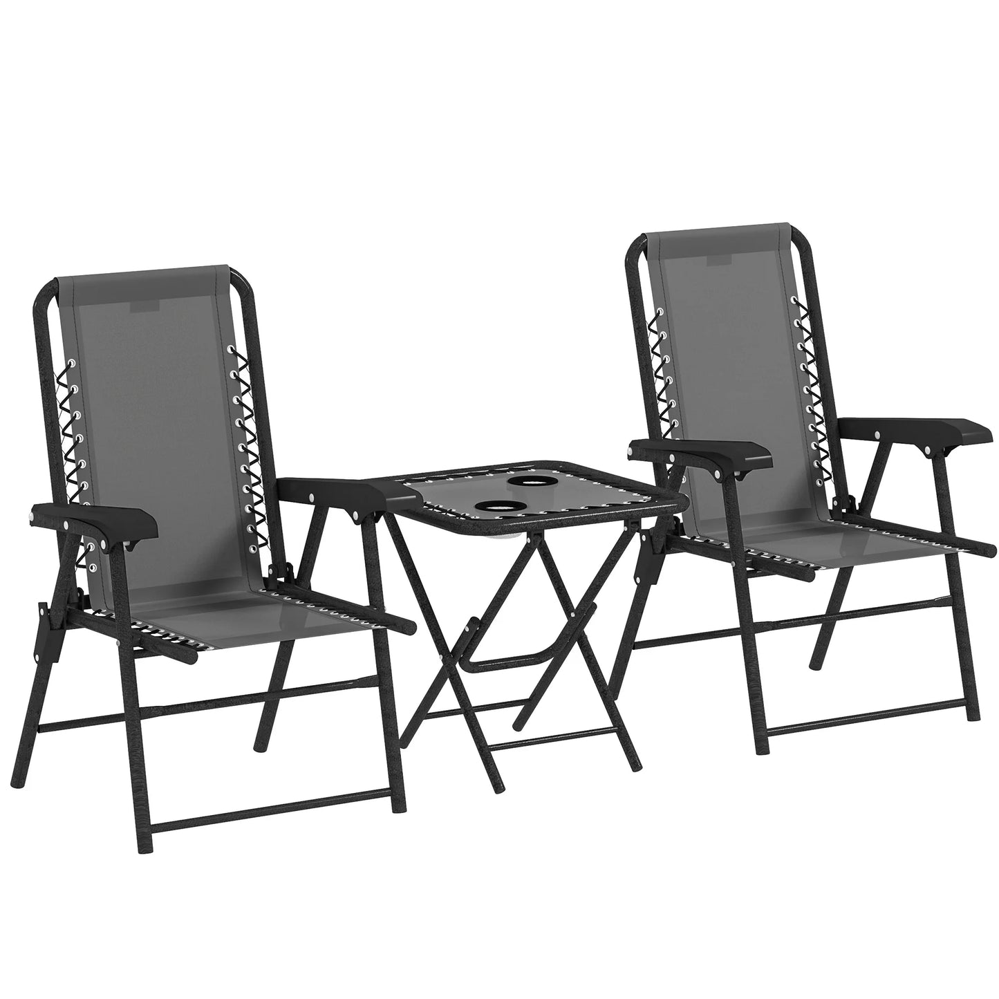 Outsunny 3 Pieces Garden Bistro Set, Folding Table and Chairs Set, Metal Garden Furniture Set with Cup Holders