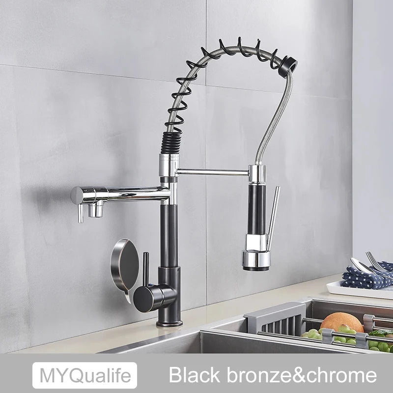 Black Pull Down Brass Kitchen Sink Faucet Hot Cold Water Mixer Crane Tap with Dual Spout 360 Rotation High Faucet Deck Mounted