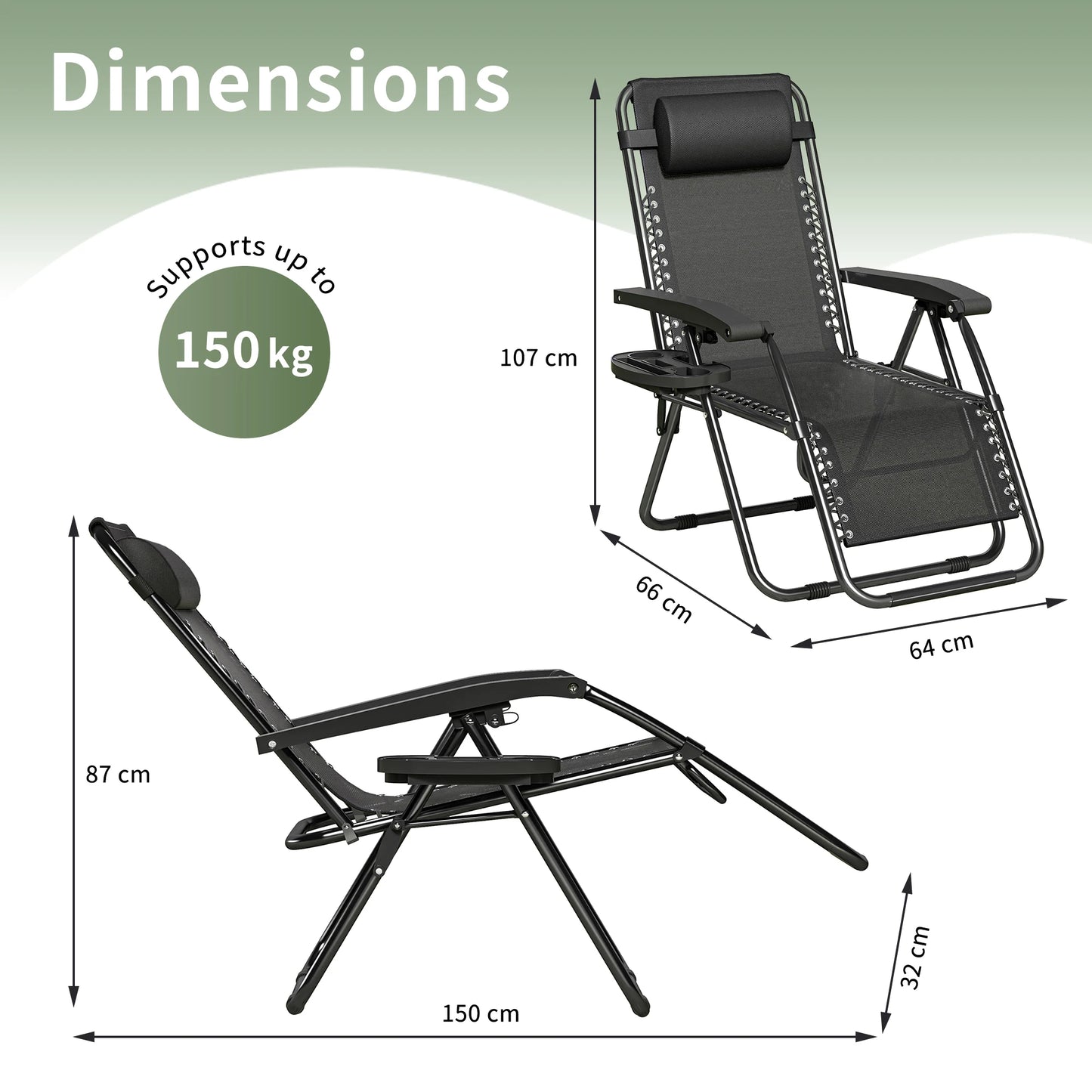 Zero Gravity Reclining Chair Set of 2 – Folding Outdoor & Garden Chairs with Textilene Fabric, Cup Holder and Headrest Pillow