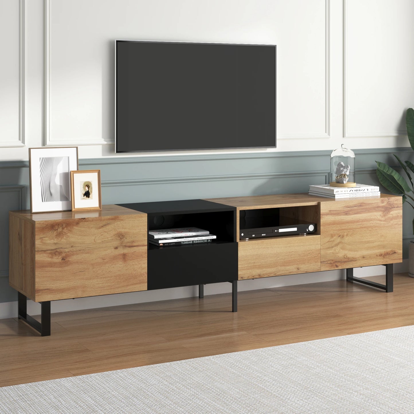 PINGGO Modern Minimalist TV Cabinet Large Capacity Storage Cabinet With Doors And Drawers Wood Grain Design TV Media Console