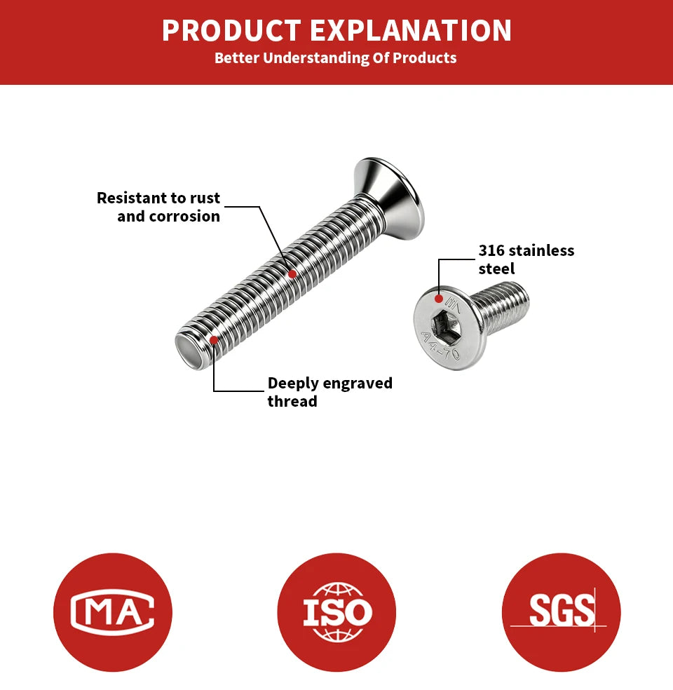 316 Stainless Steel Hexagon Socket Countersunk Head Screw A4-70 DIN7991 M3 M4 M5 M6 M8 M10 Allen Bolt Fastener