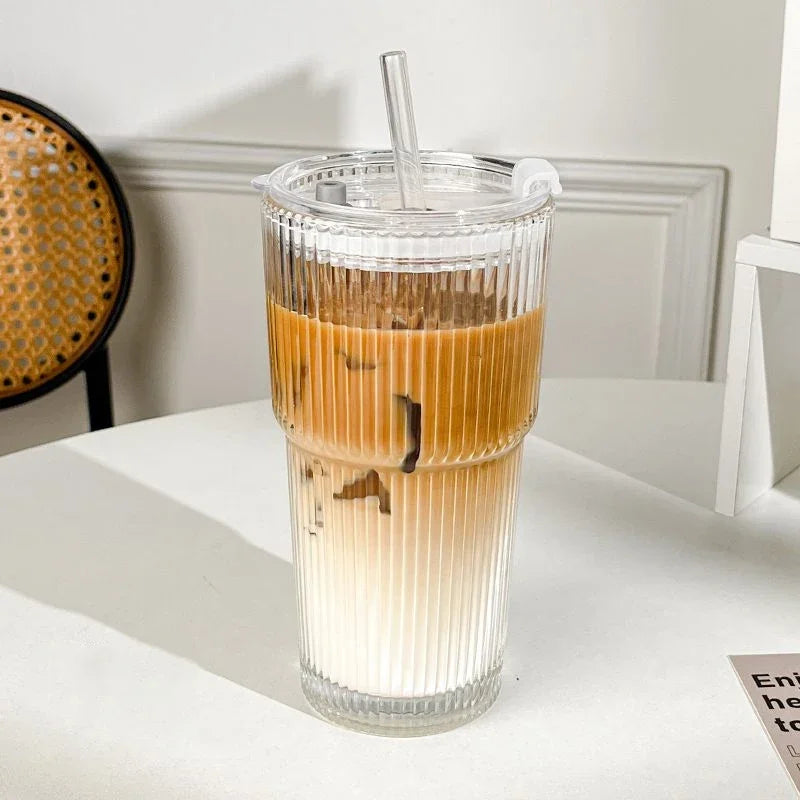 600ML Stripe Glass Coffee Cup with Lid and Straw Transparent Drinking Glasses for Juice Milk Tea Cups Iced Coffee Mugs Drinkware