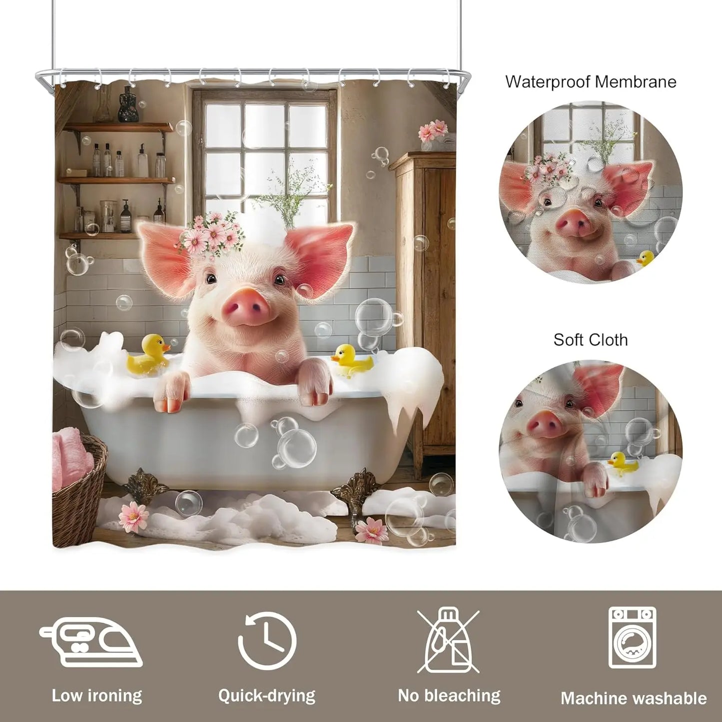 Funny Pig Shower Curtain Farmhouse Rustic Farm Animal in Bathtub Cute Western Country Shower Curtain Bathroom Set Pink Floral