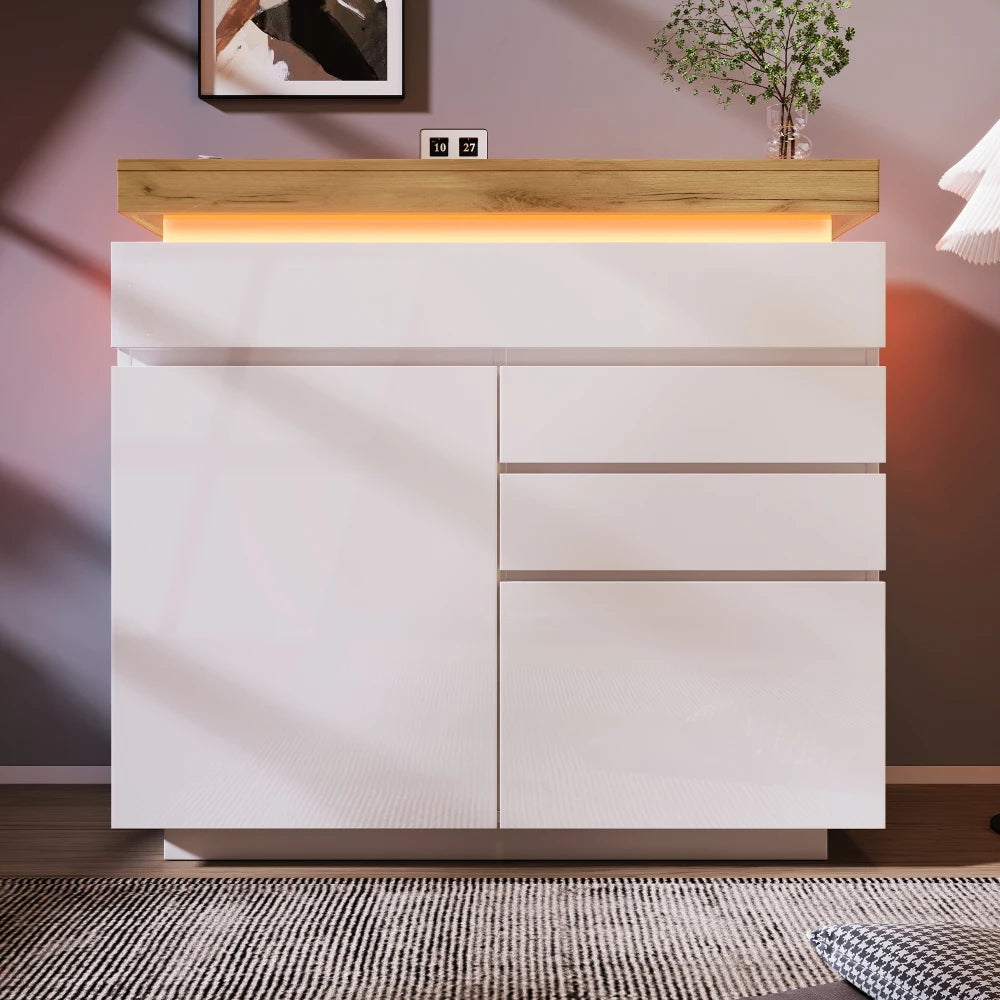 PINGGO Chest of Drawers,High-gloss Sideboard Cabinet with 2 Doors and 3 Drawers,Storage with RGB LED,115 x 110 x 39 cm, White