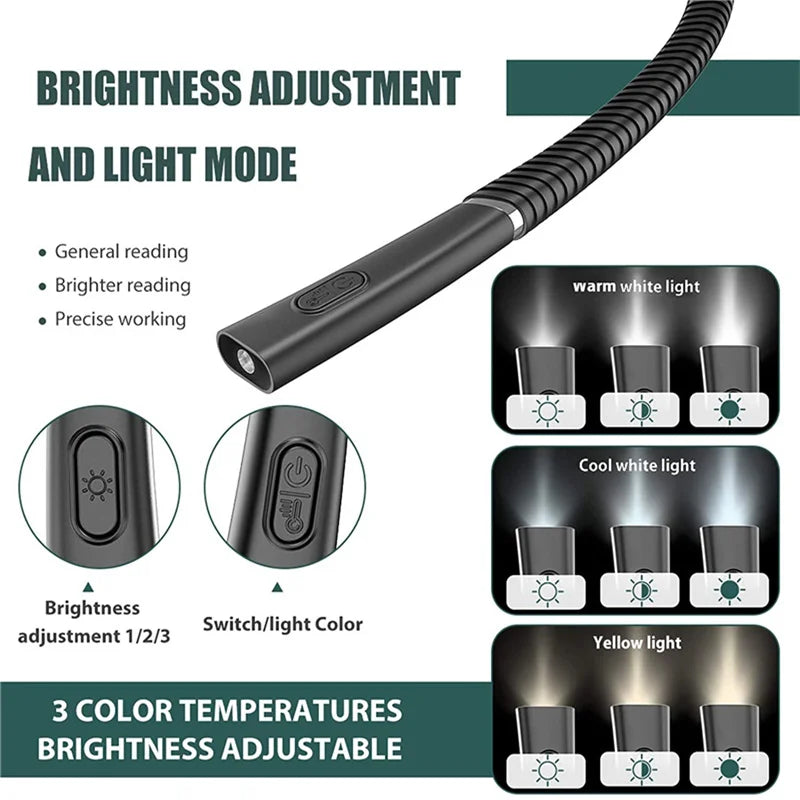 LED Neck Reading Light Flexible Book Lamp 3 Colors Brightness Adjustable Rechargeable for Reading Knitting Repairing Lighting