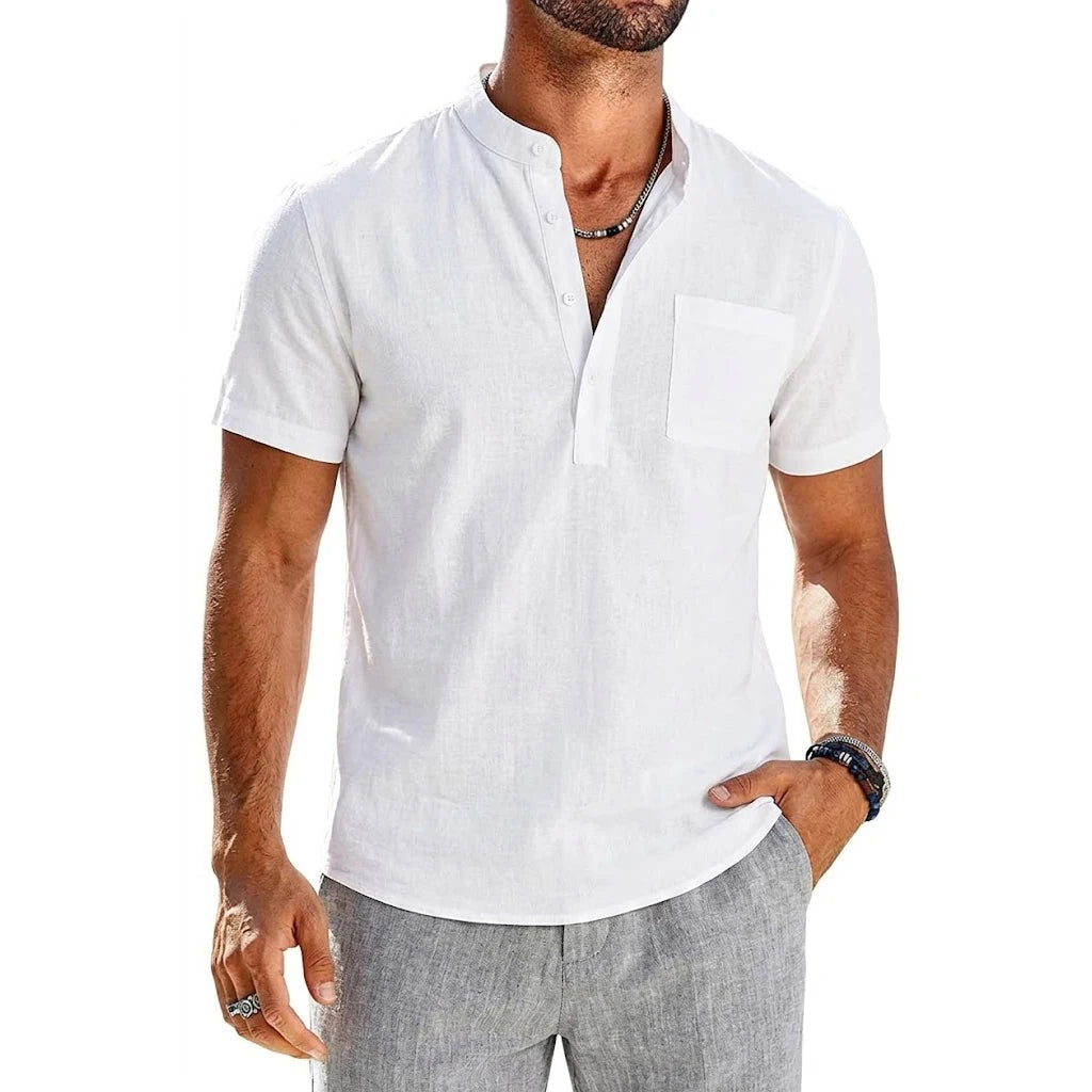 Summer Men's Short Sleeve Linen Shirts Lightweight T-shirts for Men Breathable Henley Shirt Casual Pocket Button Tee Beach Shirt